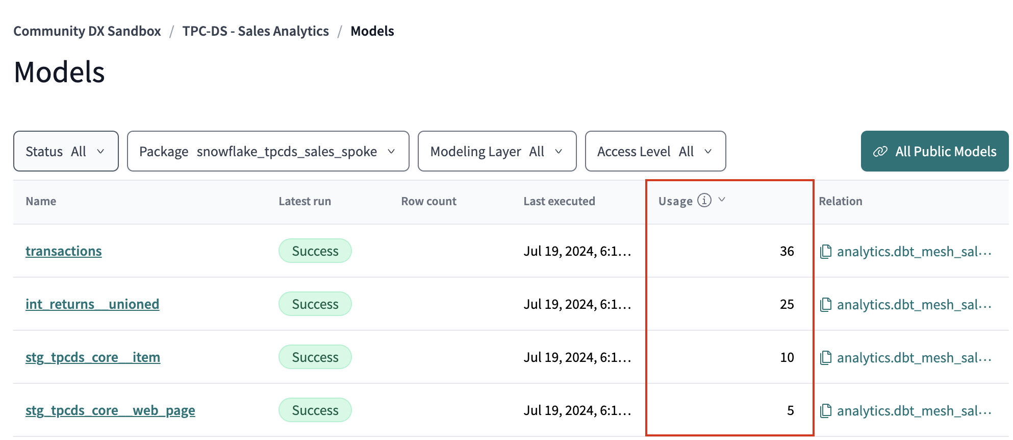 View models query history in the 'Models' list page under the 'Usage' column.